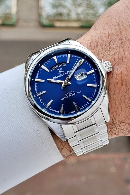 Silver Navy Blue Color All Stainless Steel Men's Wristwatch with Calendar