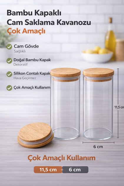Bambu Kapaklı Vakumlu Borosilikat Cam Kavanoz 2adet Adet 270ml - Bambu Kapaklı Baharatlık