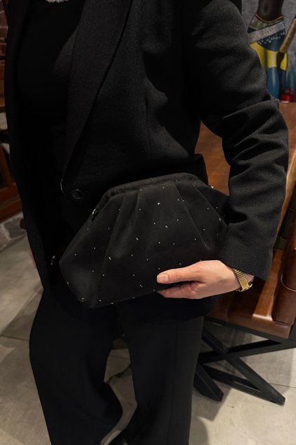 La'Graccio Paris Women's Sofia Velvet Stone Portfolio- Strap Bag Stone Black Suede
