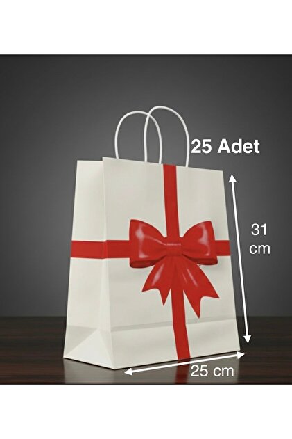e Erta Kurdele Desenli Kraft Çanta 25x31 Cm 25 Adet Hediye Poşeti