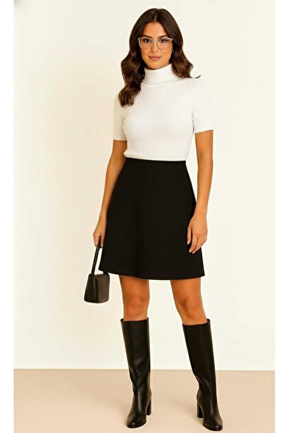 Above-the-knee black Brioche Knit women's flared skirt, high-waisted, elastic waist, everyday loose comfortable model