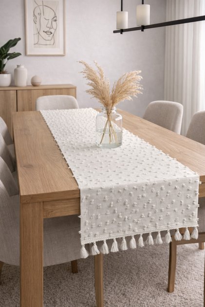 Minimal Pompom Textured Tasseled Runner 40X140 cm