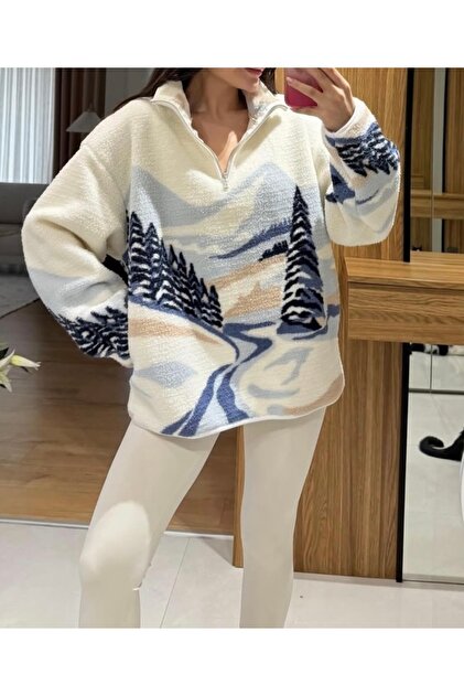 mzr Half Zipper Mock Neck Landscape Patterned Sweatshirt- Trendyol