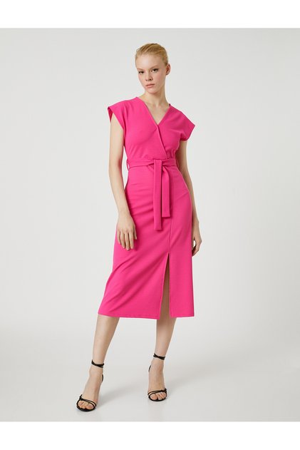 Midi Dress Belted Slit V-Neck