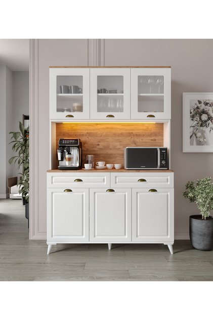 Gözde Kahve Köşesi - 140 cm MDF Ayaklı Mutfak Dolabı - LED Aydınlatmalı - Ücretsiz Montaj