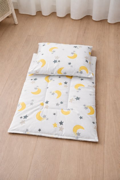 100% Cotton Park Crib Bottom Cushion and Baby/Child Pillow with Yellow Crescent and Star