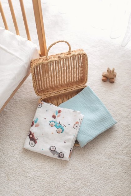 Set of 2 100% Organic Cotton Muslin Baby Blanket - Car Printed 90x100cm Multi-Purpose Muslin Blanket Set