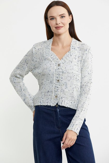 Wool Knitwear Cardigan with Frayed Collar Detail - Bone