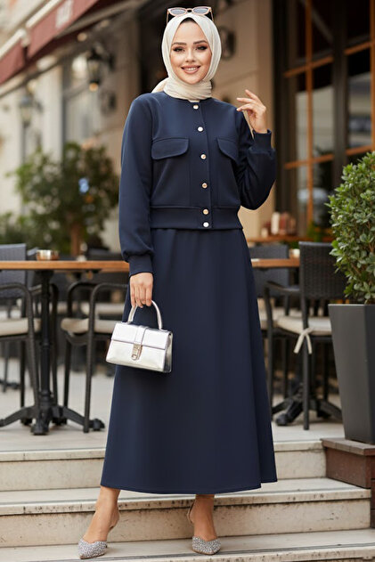 Neva Style Düğmeli Lacivert Tesettür Etekli İkili Takım 12261L