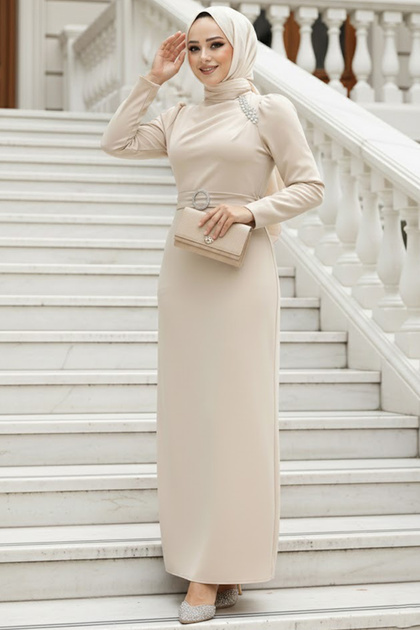 Neva Style Beige Hijab Evening Dress with Bead Detail 30014Bej- Trendyol Neva Style Beige Hijab Evening Dress with Bead Detail 30014Bej- Trendyol