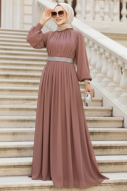 Neva Style Pleated Caramel Hijab Evening Dress 25888Krml- Trendyol