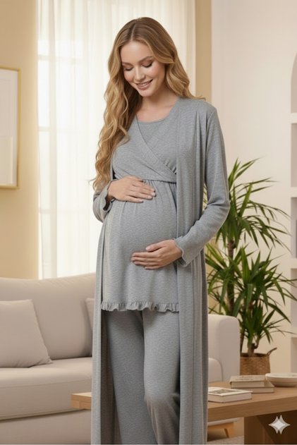 Women's Gray Concealed Nursing Feature Adjustable Waist Maternity 3-Piece Pajama Set