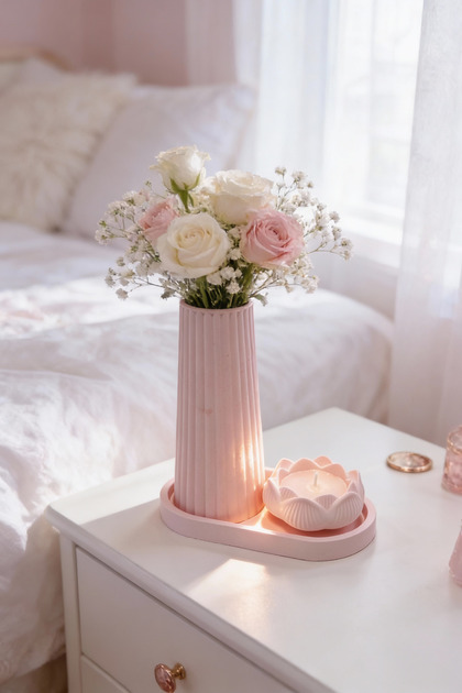 Fitruka Pudra Pembe Lotus Vanilya Mum Seti | Dekoratif Vazo