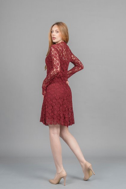 Kadın Kışlık Bordo Trend Tül Mini Elbise Premium Astarlı Form Şık Günlük Rahat 50359