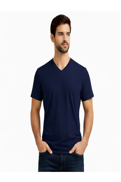 Men's V-Neck 100% Cotton Navy Blue Basic T-Shirt