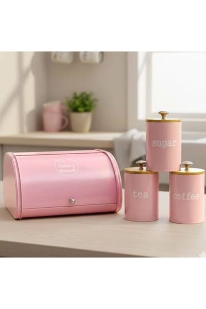 Kitchen set consisting of a metal bread box and a set of pink storage containers. The containers are 17*10 cm, and the bread box is 30*24*18 cm.