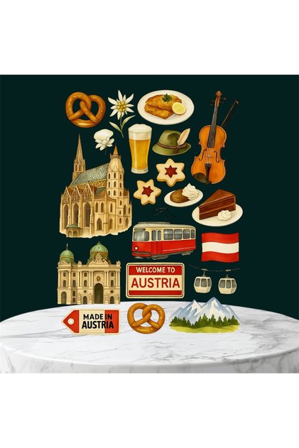 Austria Themed Sticker Set – Vienna, Pretzel, Tram, Alpine Mountains & Welcome to Austria