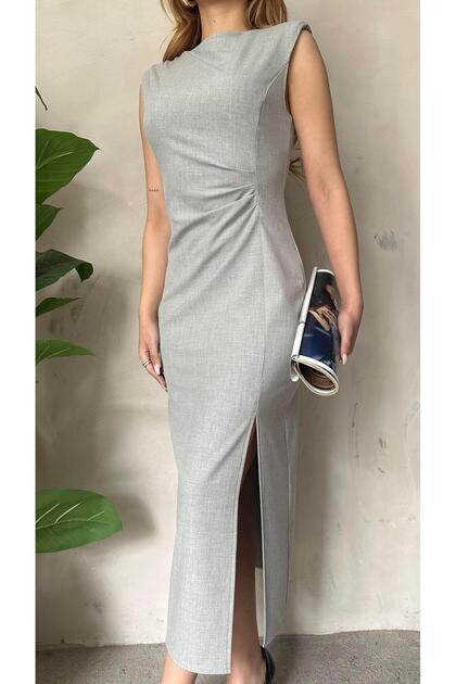 Slim Fit - Slit Gray Sleeveless Maxi Dress with Shoulder Pad Pleated Details