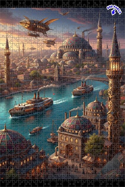 Teona Ahşap Steampunk İstanbul Manzaralı Yağlı Boya Görünümlü Çift