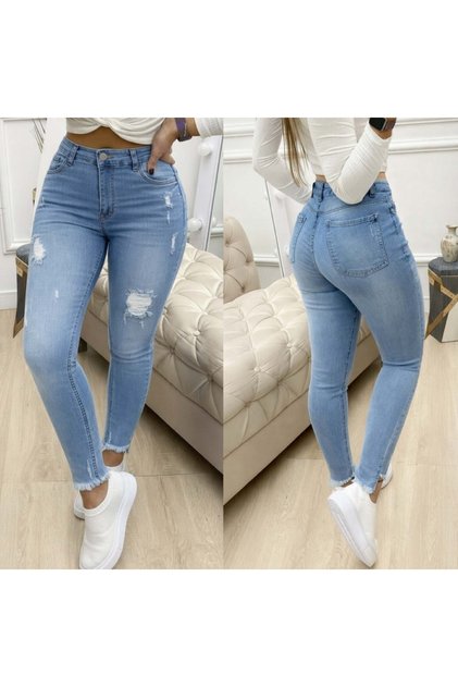 Blugi skinny damă cu talie înaltă, cu nasturi, cu aspect uzat, design stilat și modern
