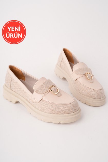 Nerina Model Beige Linen Women's Loafer Casual Shoes with Leather and Buckle Detail
