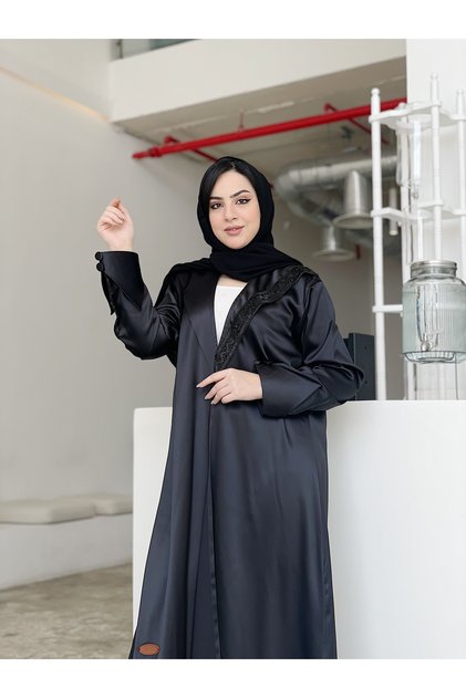 Black abaya with open front closure and luxurious side embroidery