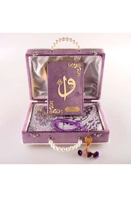 Beaded Box Dowry Set, Prayer Rug + Prayer Beads + Quran Gift Set (Bag Size, Lilac)