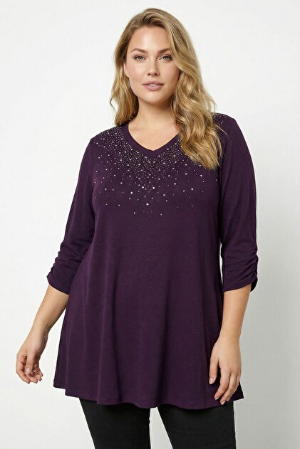 Plus Size Stone Embellished Sleeve Gathered Soft Lycra Purple Viscose Blouse 285064