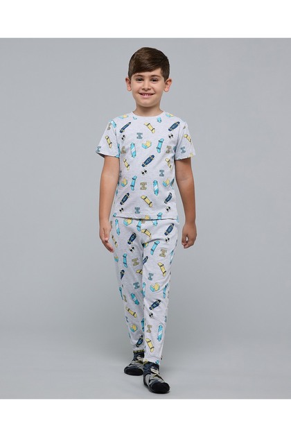 Boy's Grey Melange Printed Pyjama Set