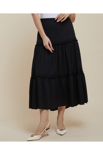 Textured Tiered Skirt With Elastic Waist