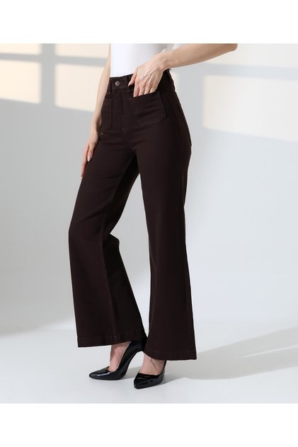 Women's Front Pocket Detailed Palazzo Jeans Trousers Brown 7079-78