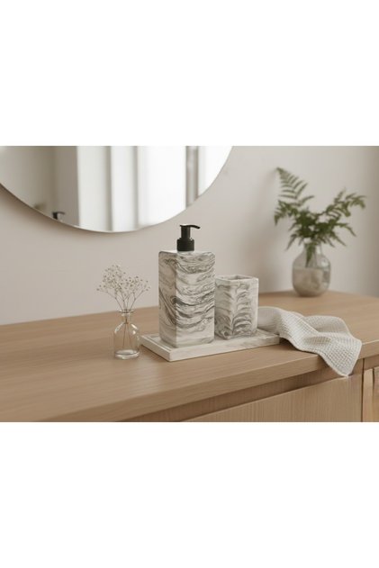 3'lü siyah bej mix mermer desenli banyo seti