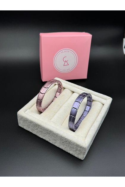 Soft Mor & Soft Pembe Charm Uyumlu Esnek Bileklik Seti , Kadın Erkek Kullanıma Uygun , 2'li Set