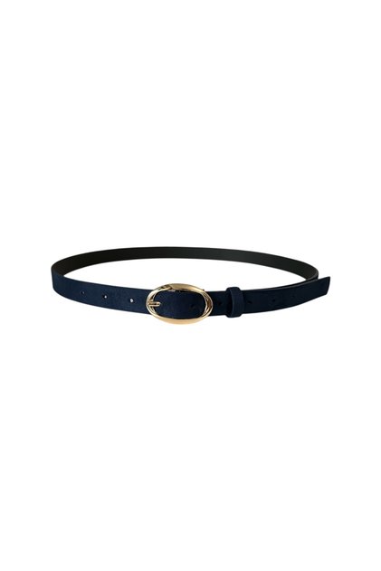 Navy Blue Suede Belt with Gold Oval Buckle