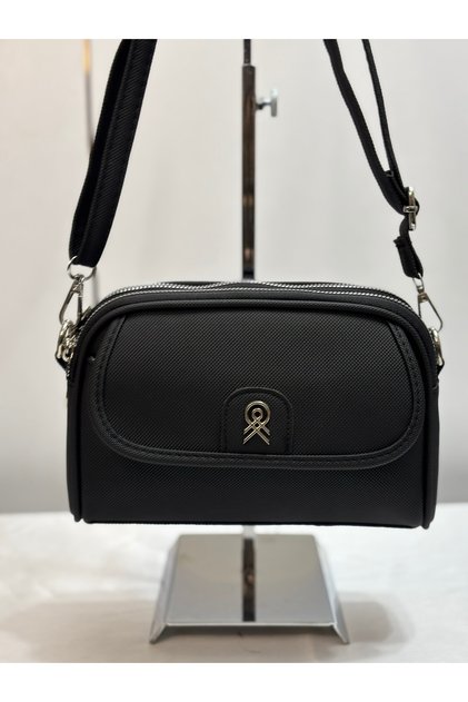 Women's Black 3-Compartment Lined Adjustable Column Strap Cross Shoulder Bag