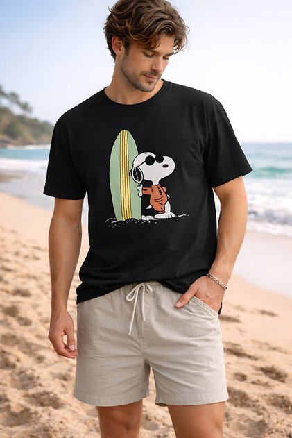 Snoopy Skiing Printed Cotton Relaxed Fit Round Neck Unisex T-Shirt