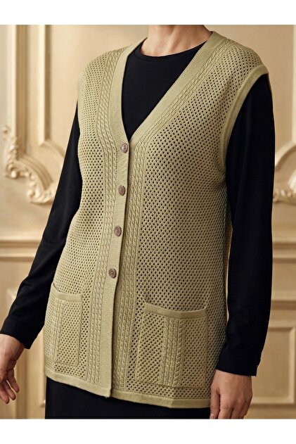 Mercerized Hair Knitted Patterned Mother's Vest / Cream