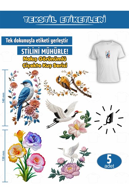 Iron-On Clothing Labels with Embroidery Look, Bird on a Flower Series, Set of 5