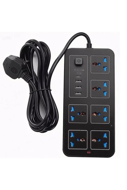 شريط طاقة مزود بمقبس مسطح وواقي من زيادة التيار، ومنافذ تيار متردد متعددة، و3 منافذ USB، وشريط طاقة صغير الحجم.