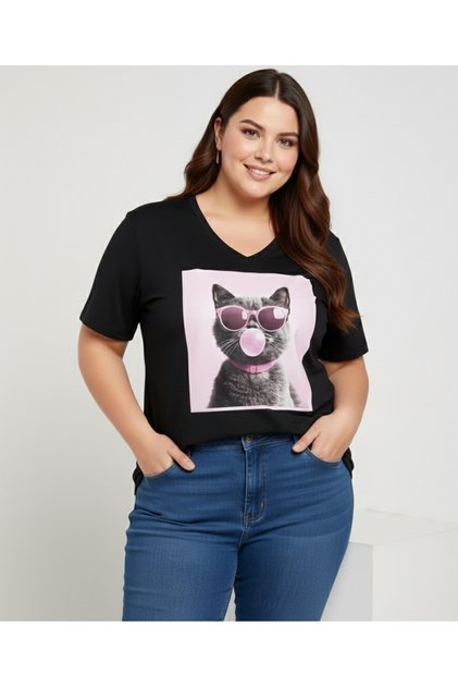 Women's Black Cat Printed V-Neck Plus Size Premium Cotton T-Shirt