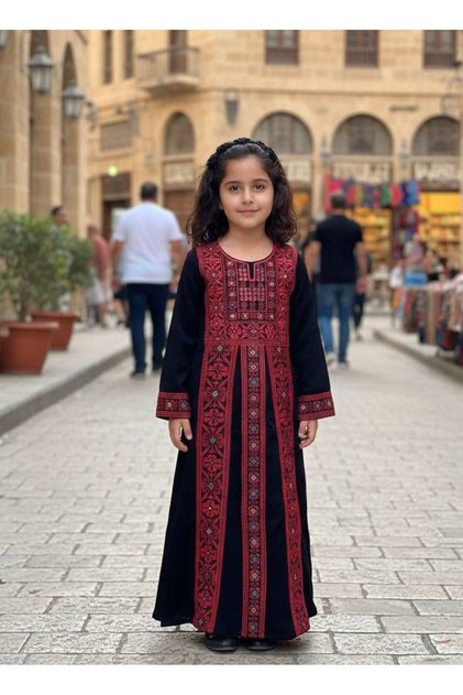 Embroidered Palestinian Jalabiya for Girls - First-class crepe, embroidered with luxurious traditional Palestinian designs.