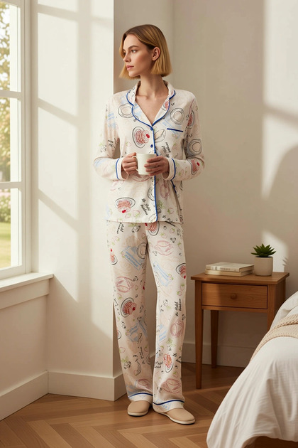 Women's Shirt Collar Long Sleeve Regular Fit Knitted Pajama Set Functional Stylish