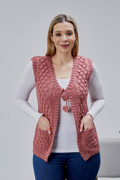 Women's Angora Silvery Wool Knitted Pocketed Mother Knitwear Vest