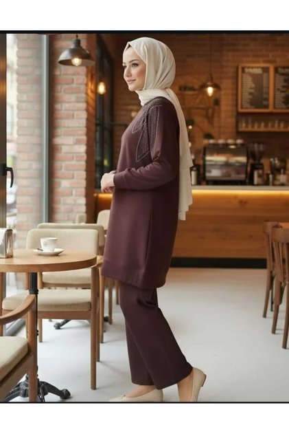 stone detailed jersey two-piece modest set