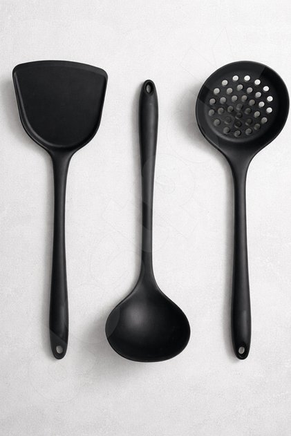 3-Piece Silicone Serving Set - Spatula, Ladle, Colander - Heat Resistant - Non-Scratching, Non-Flammable, Non-Stick - Hard