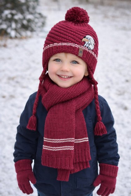 3-8 Years Old Boy's Scarf, Beanie, Gloves, Burgundy 3-Piece Set - Eagle Detail