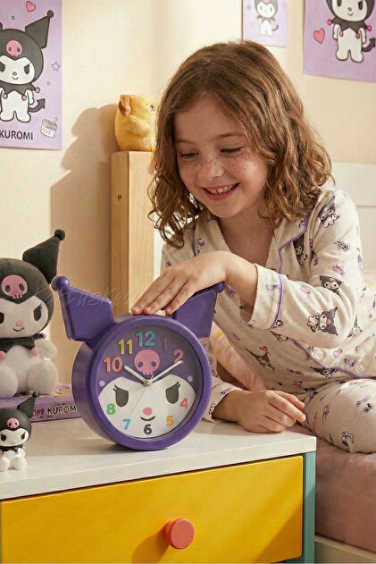 KaktüsKedi Kuromi Temalı Sevimli Mor Çocuk Masa Saati | Alarmlı