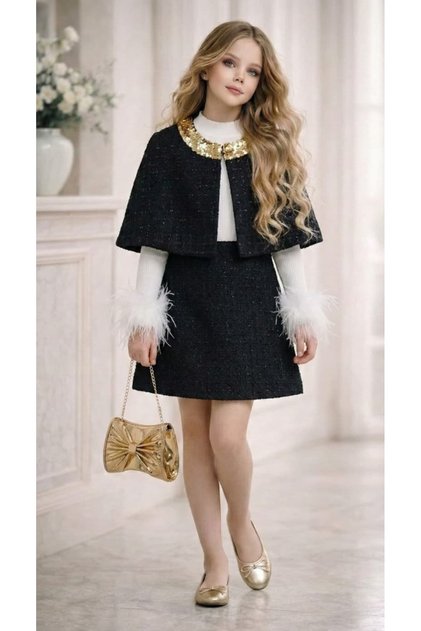 Girl's (Gold sequined bolero, sleeveless skirt, ribbed blouse, bag) Eid outfit
