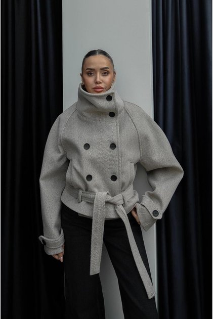 Beige Herringbone Arica Mock Neck Short Melton Coat