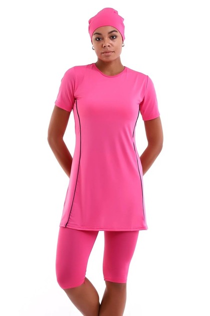 Short-Sleeved Semi-Covered Hijab Swimwear with Built-In Bra Pads Available.